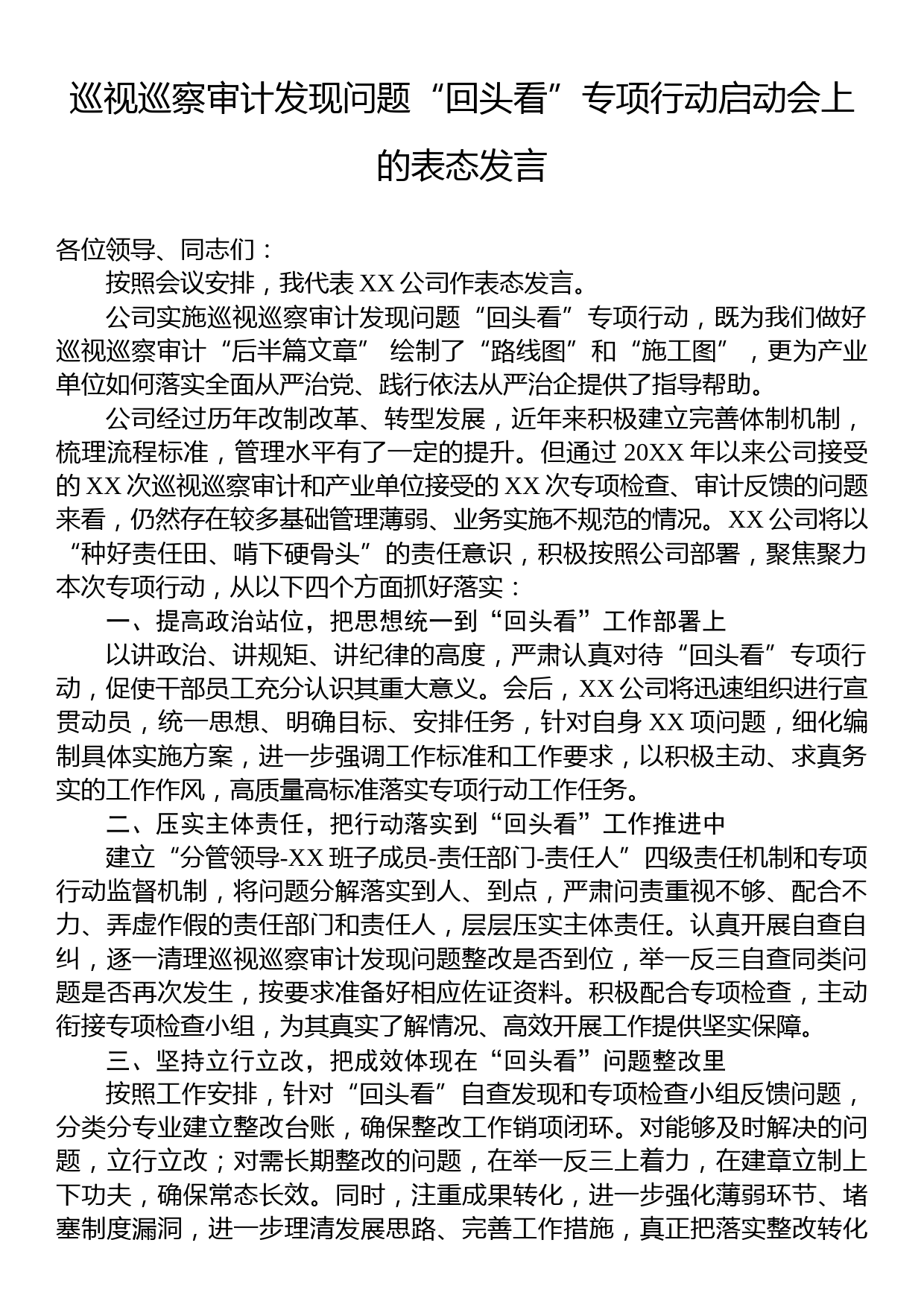 巡视巡察审计发现问题回头看专项行动启动会上的表态发言_第1页