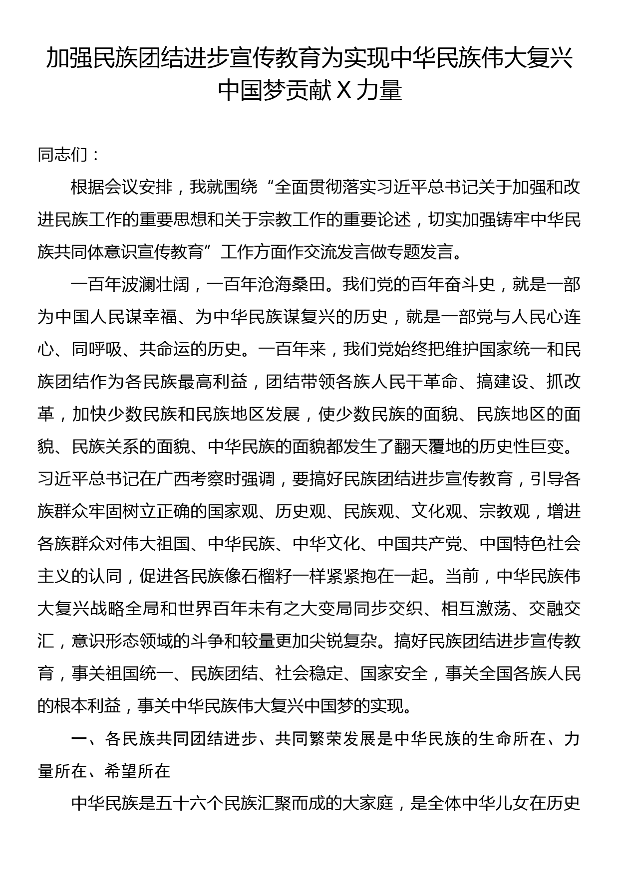 理论中心组发言材料（民族团结方面）_第1页