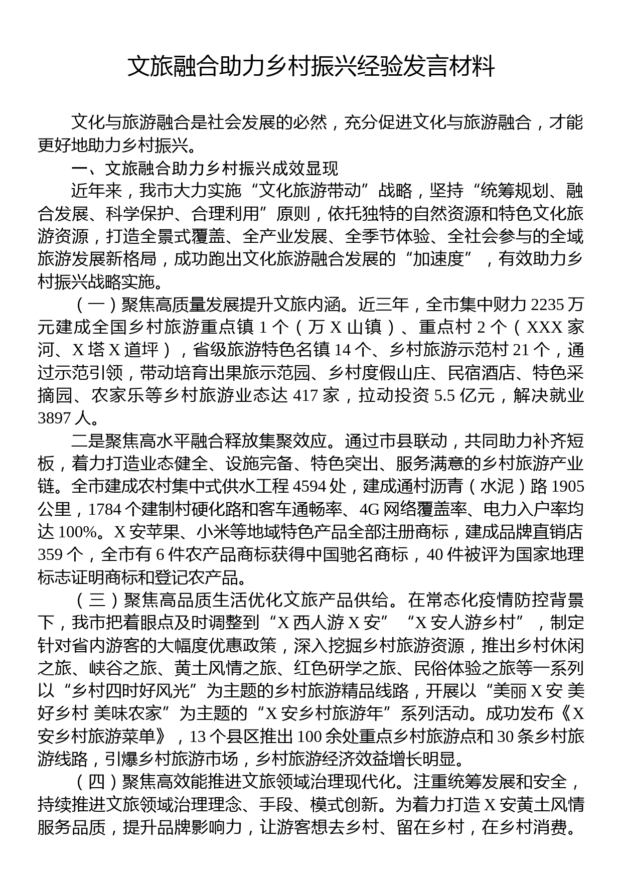 文旅融合助力乡村振兴经验发言材料_第1页