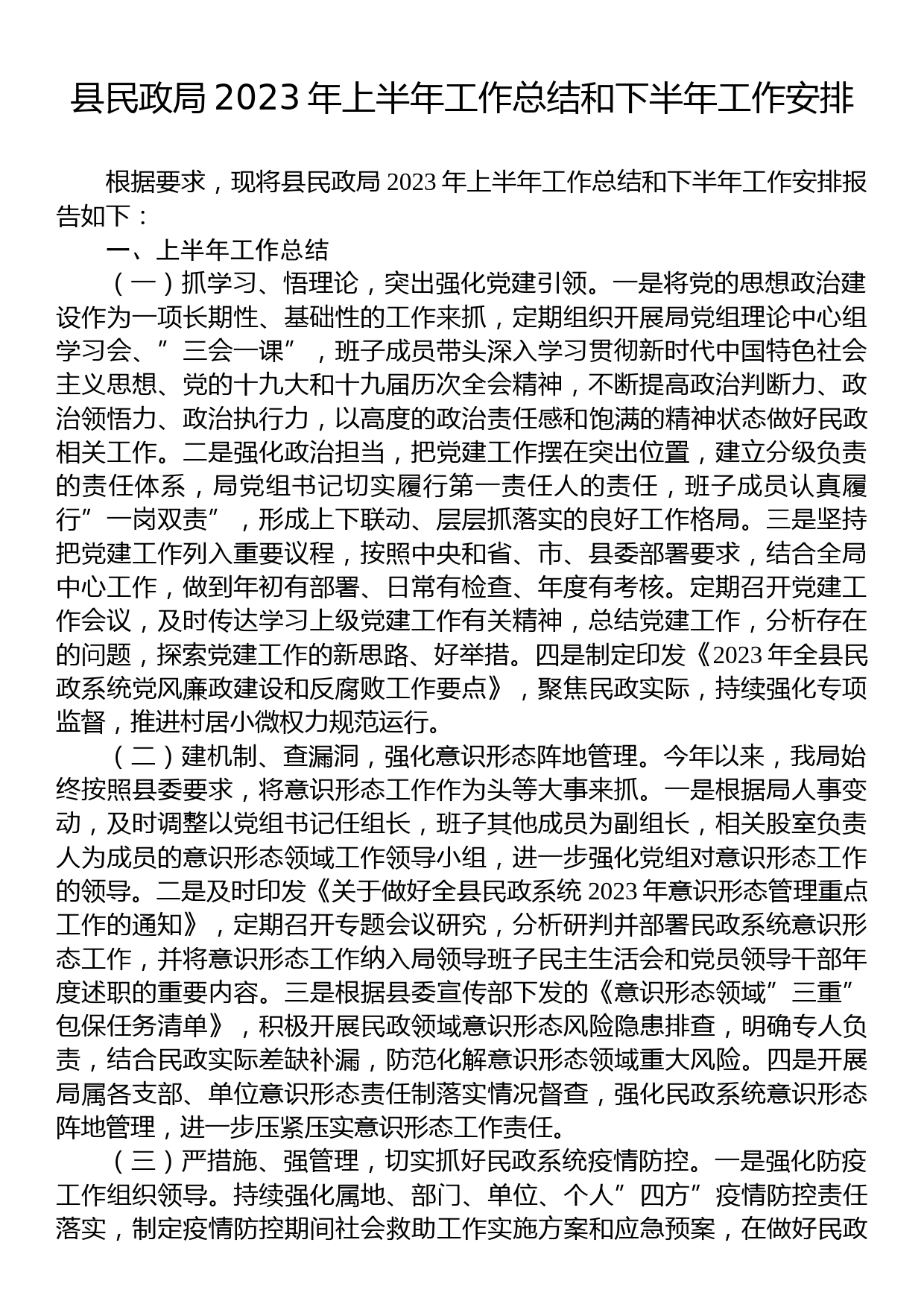 县民政局2023年上半年工作总结和下半年工作安排_第1页