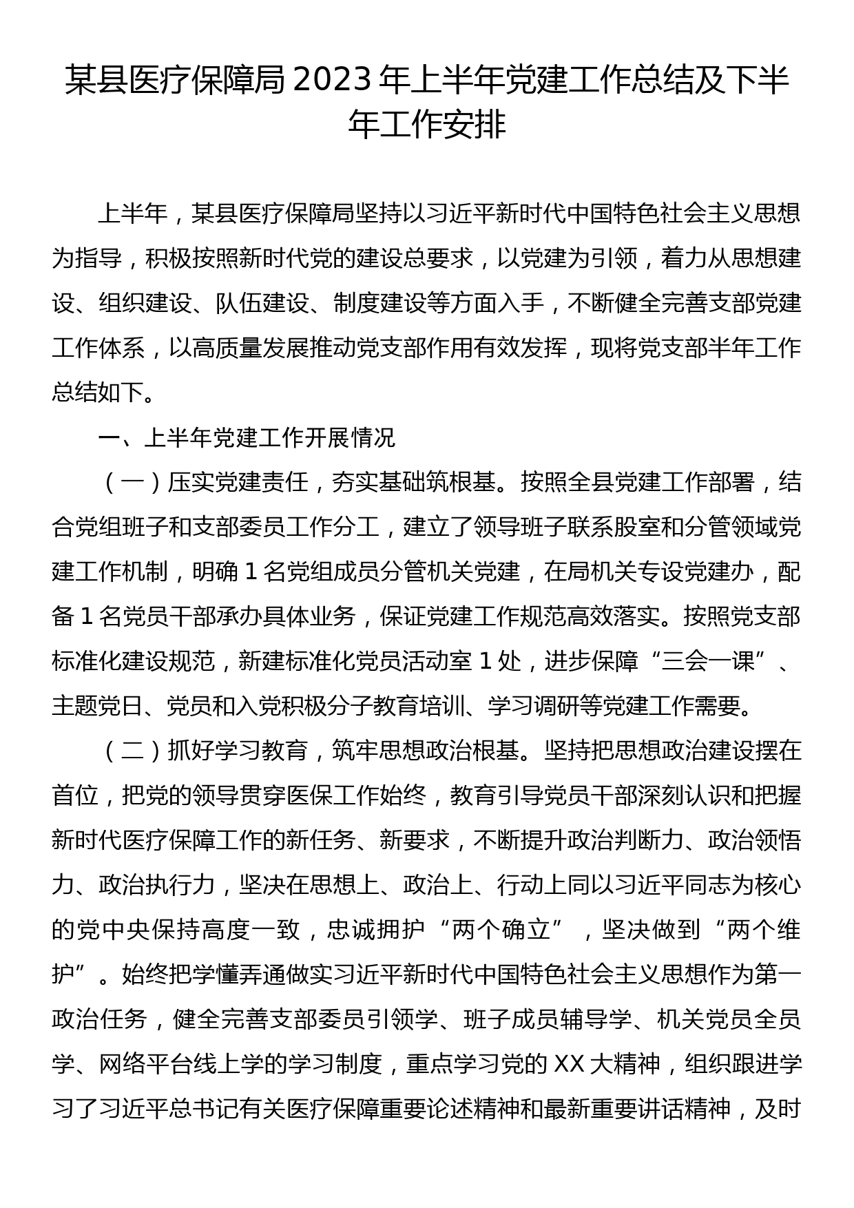 某县医疗保障局2023年上半年党建工作总结及下半年工作安排_第1页