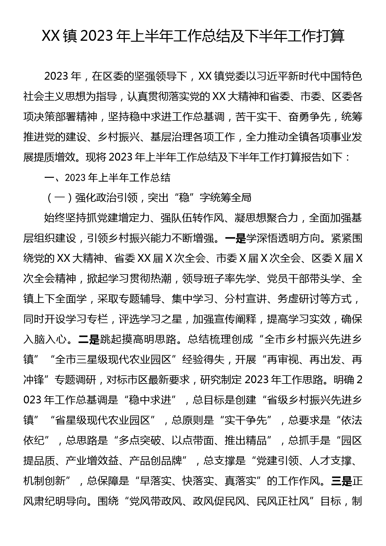 XX镇2023年上半年工作总结及下半年工作打算_第1页