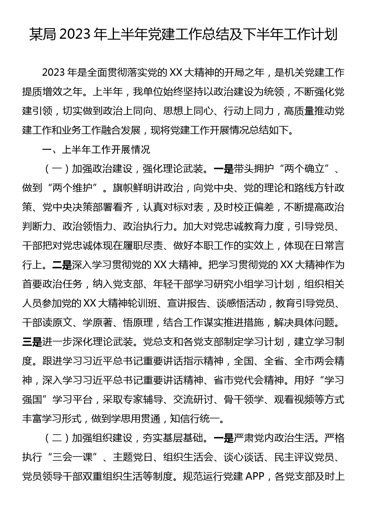 某局2023年上半年党建工作总结及下半年工作计划_第1页