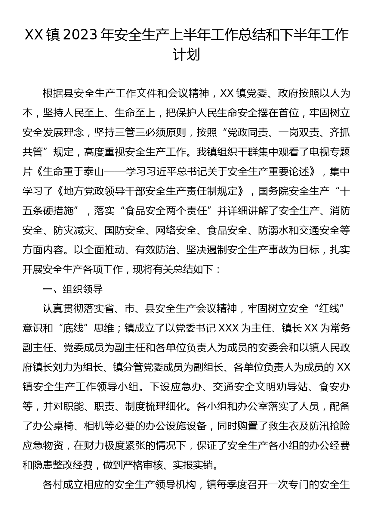 XX镇2023年安全生产上半年工作总结和下半年工作计划_第1页