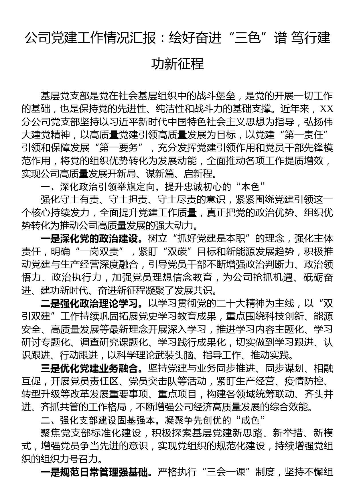 公司党建工作情况汇报：绘好奋进“三色”谱+笃行建功新征程_第1页