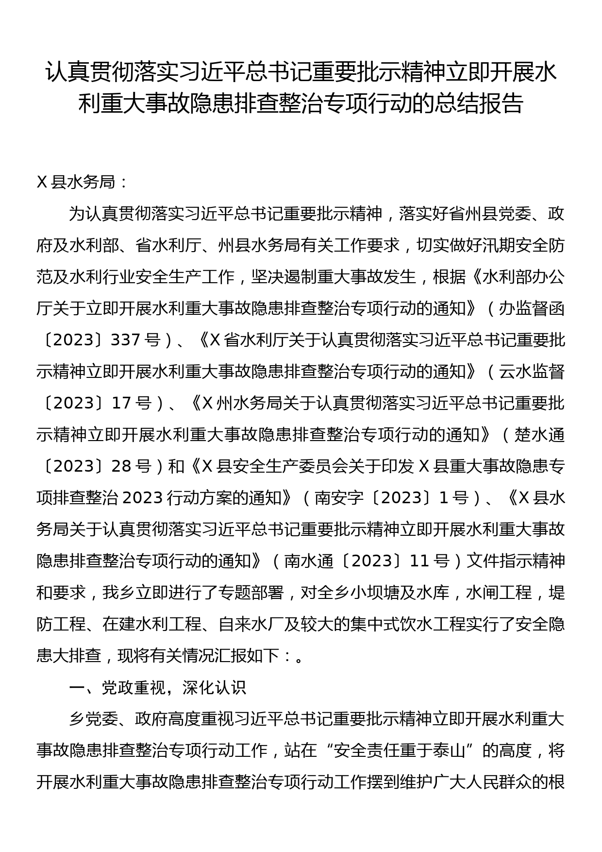 认真贯彻落实习近平总书记重要批示精神立即开展水利重大事故隐患排查整治专项行动的总结报告_第1页