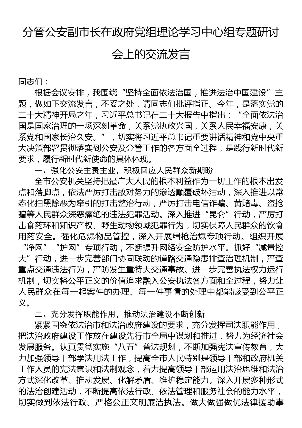 分管公安副市长在政府党组理论学习中心组专题研讨会上的交流发言_第1页