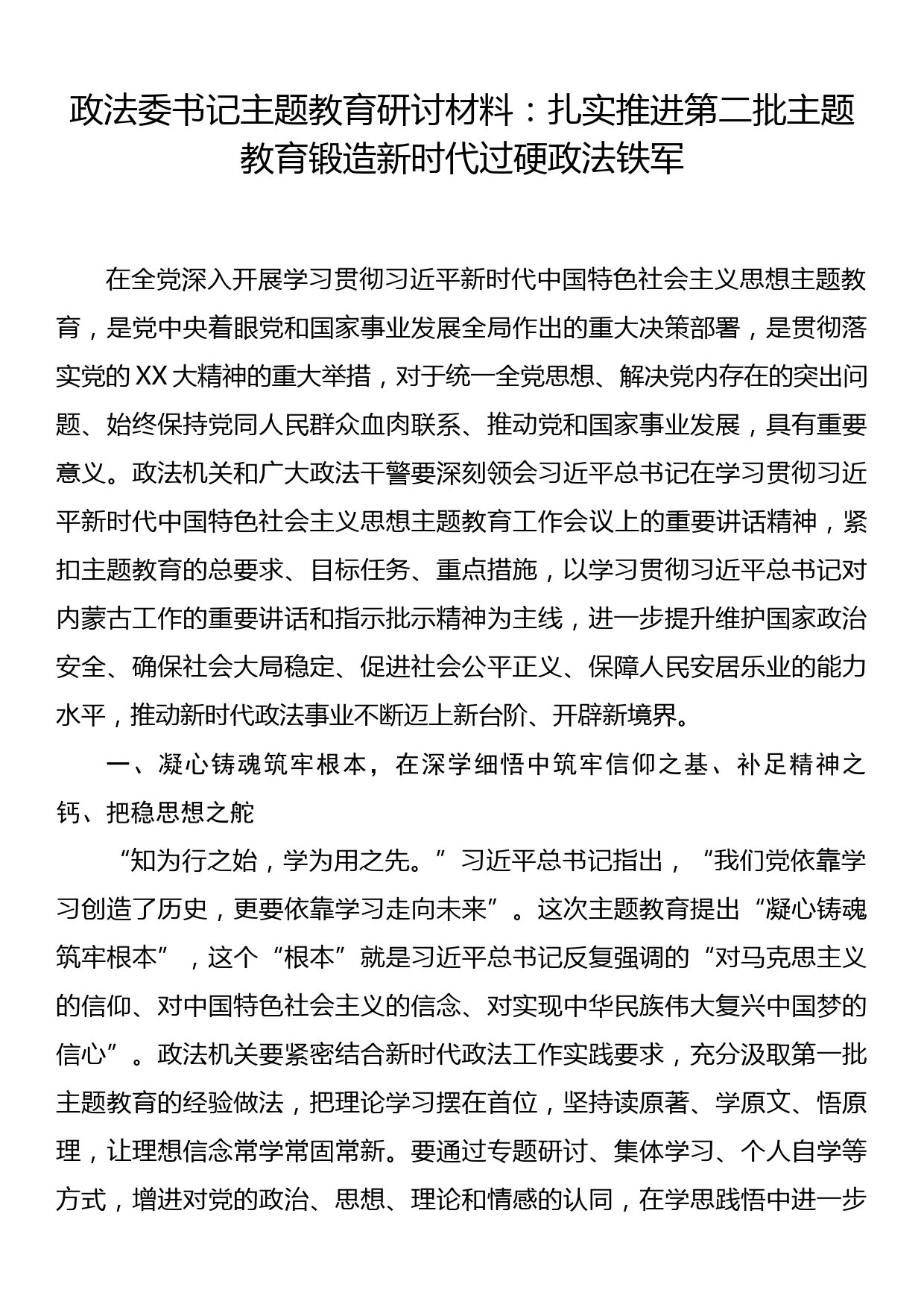 政法委书记主题教育研讨材料：扎实推进第二批主题教育锻造新时代过硬政法铁军_第1页