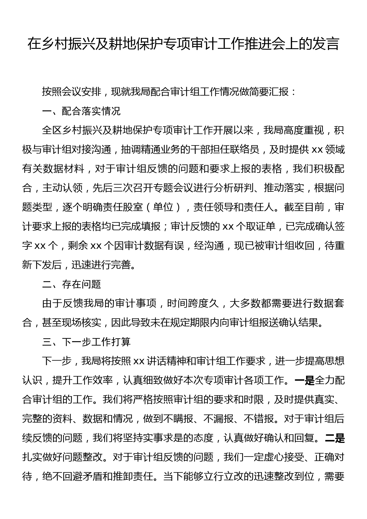 在乡村振兴及耕地保护专项审计工作推进会上的发言_第1页