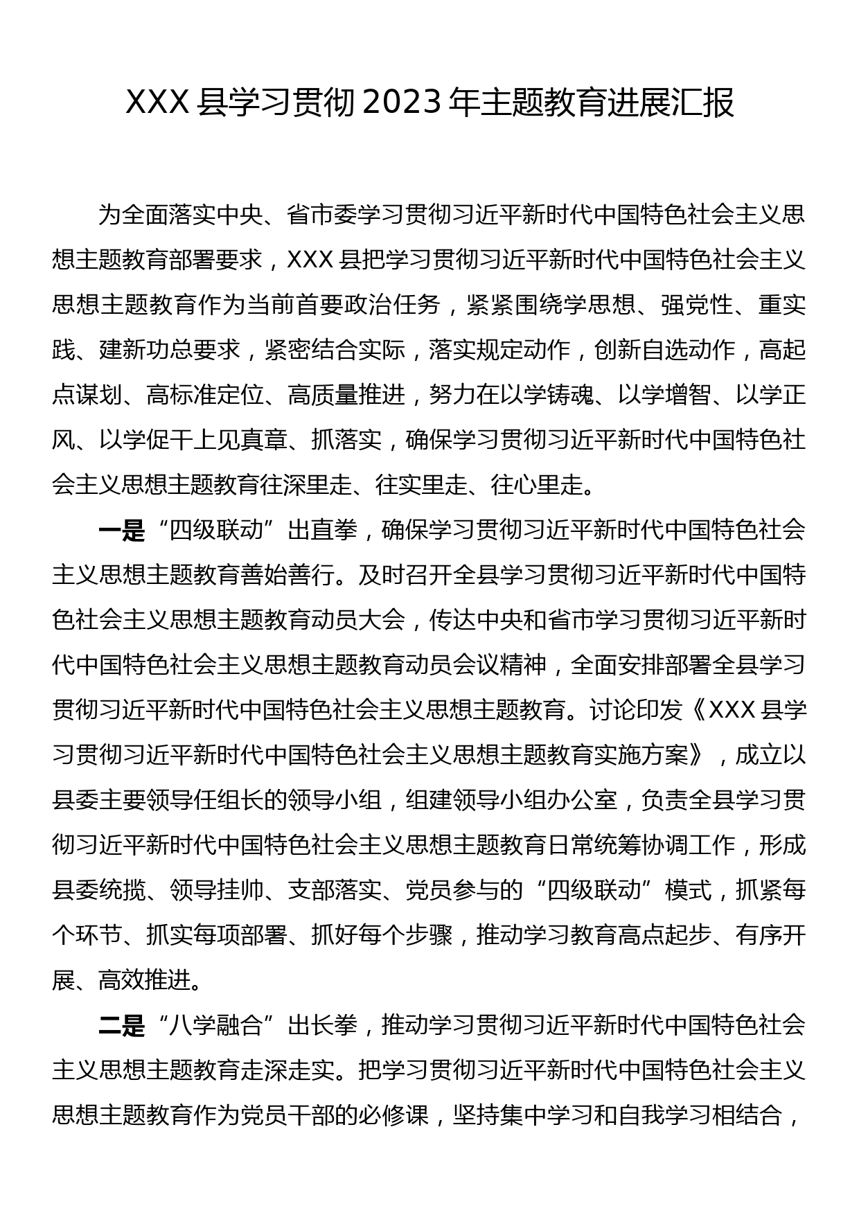 XXX县学习贯彻2023年主题教育进展汇报_第1页