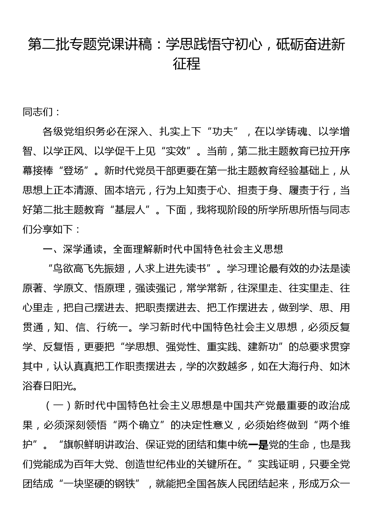 党课讲稿：学思践悟守初心，砥砺奋进新征程_第1页