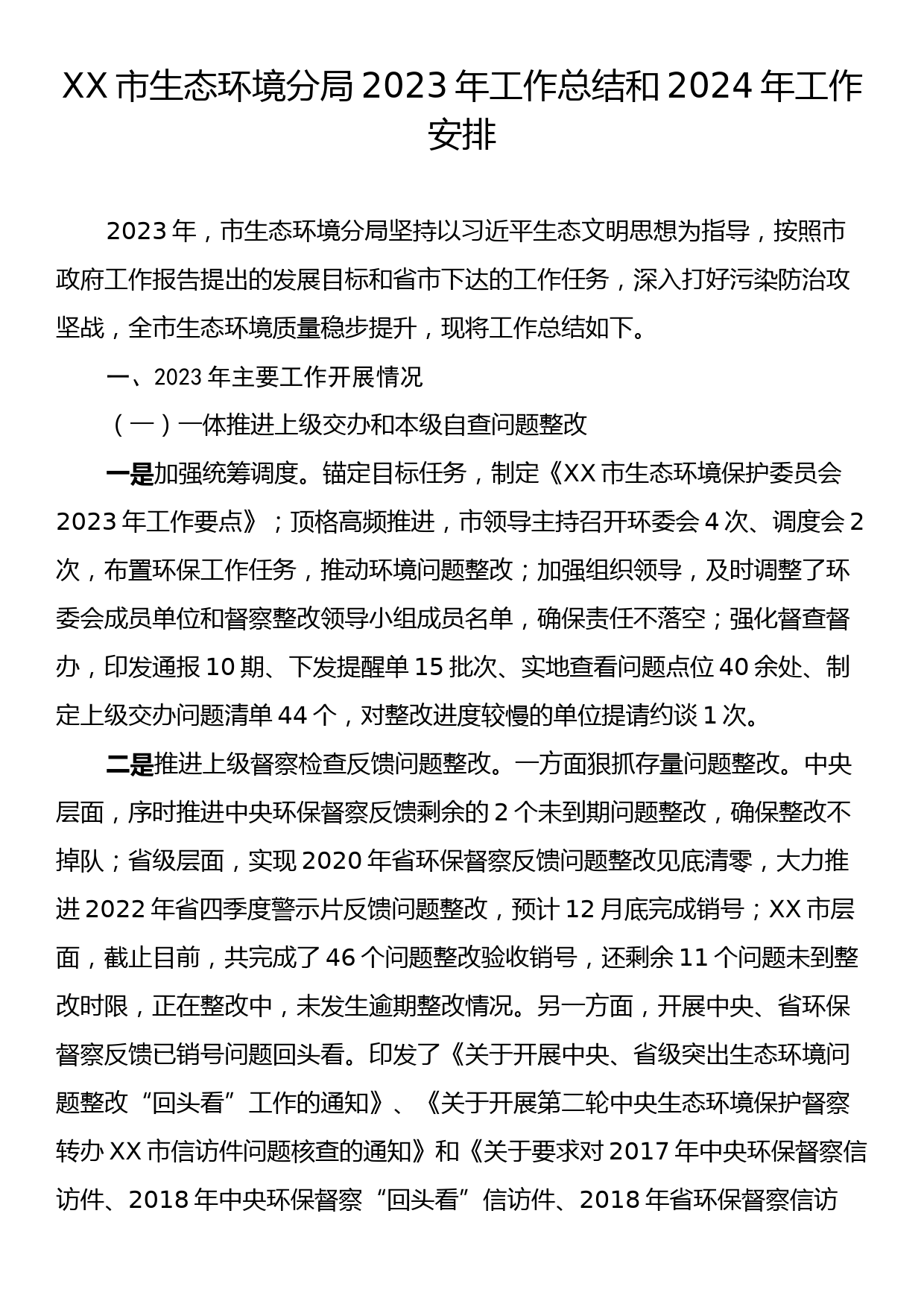 XX市生态环境分局2023年工作总结和2024年工作安排_第1页