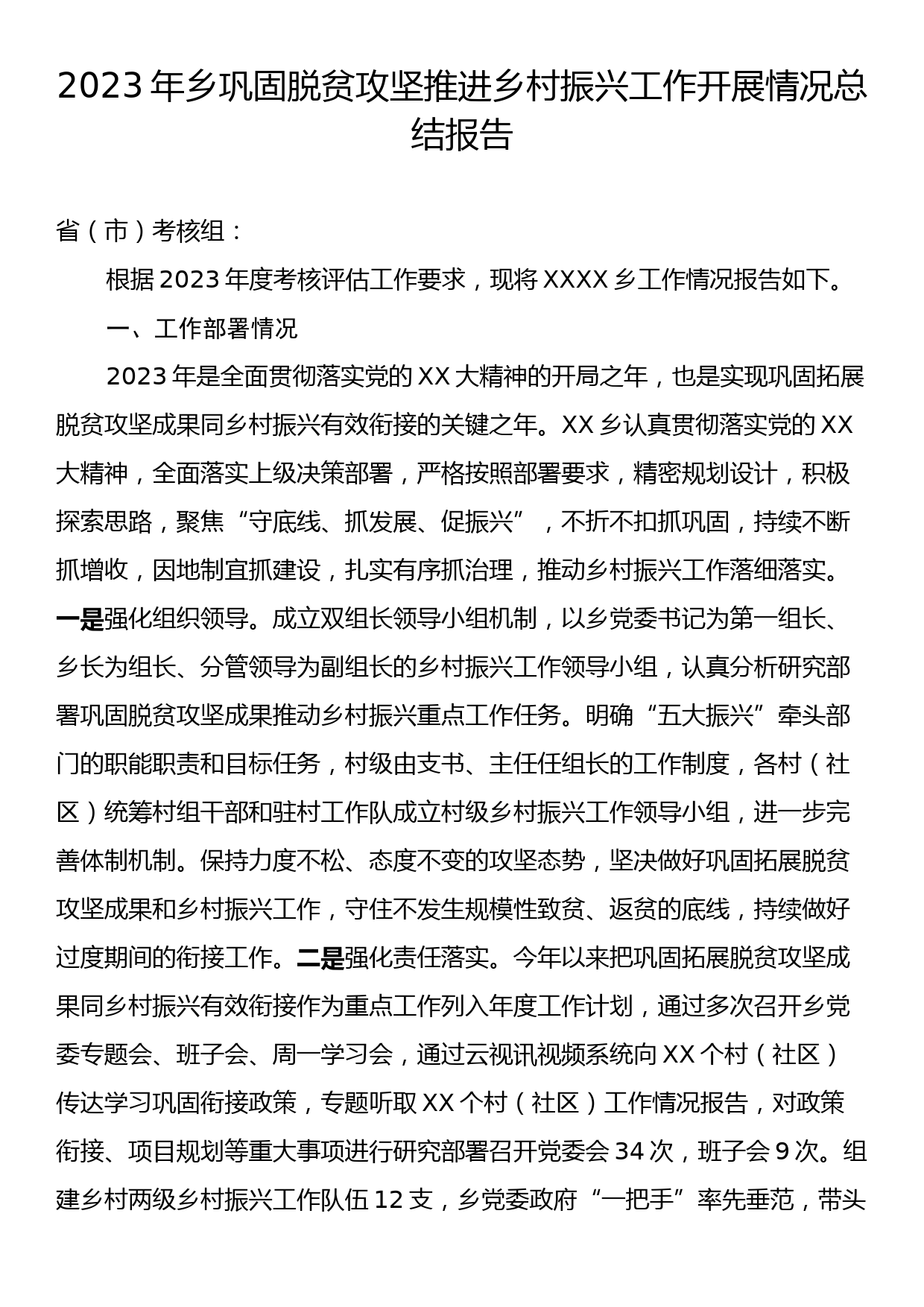 2023年乡巩固脱贫攻坚推进乡村振兴工作开展情况总结报告_第1页