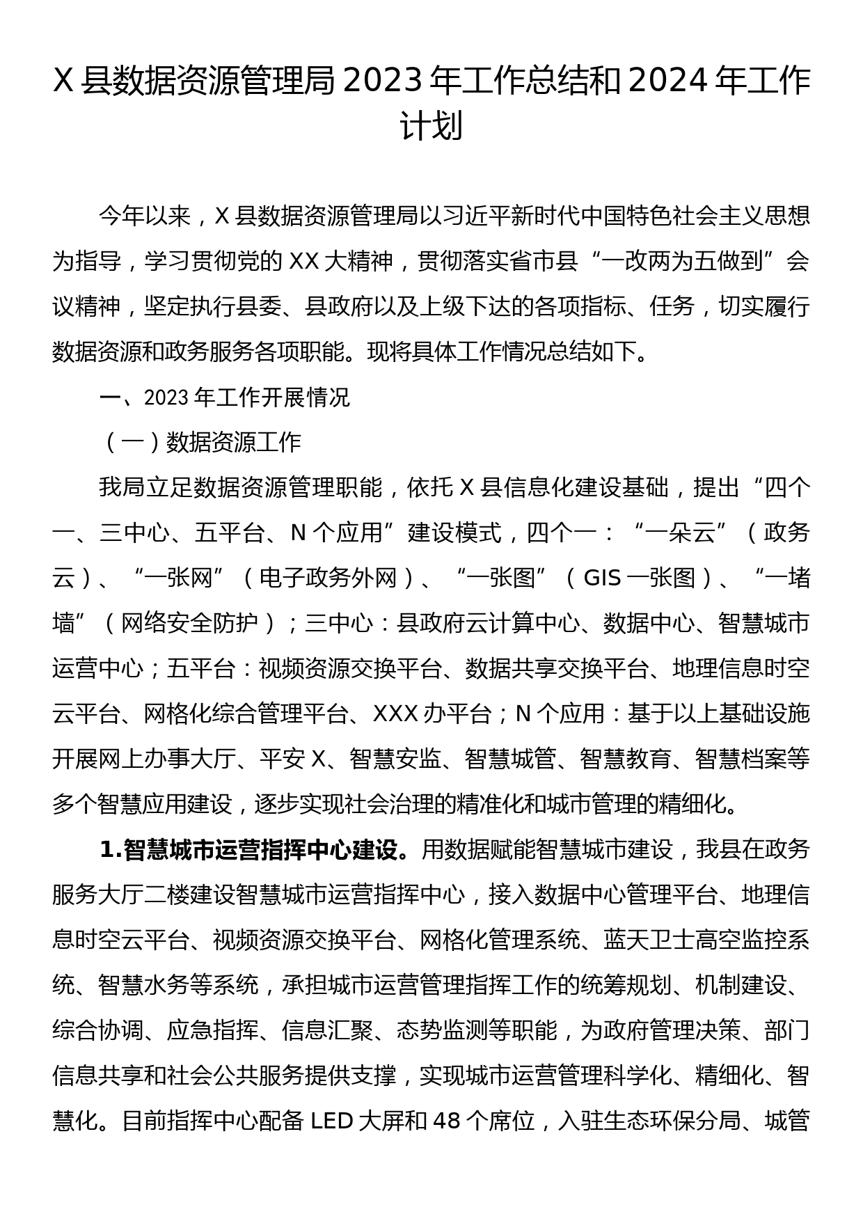 X县数据资源管理局2023年工作总结和2024年工作计划_第1页