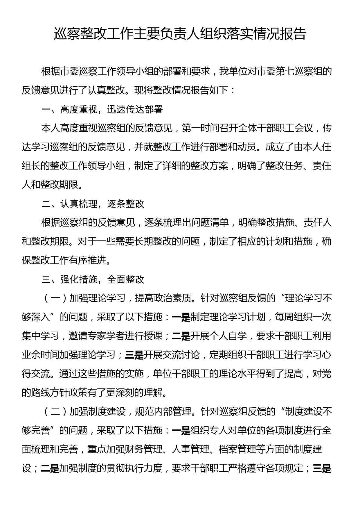 巡察整改工作主要负责人组织落实情况报告_第1页