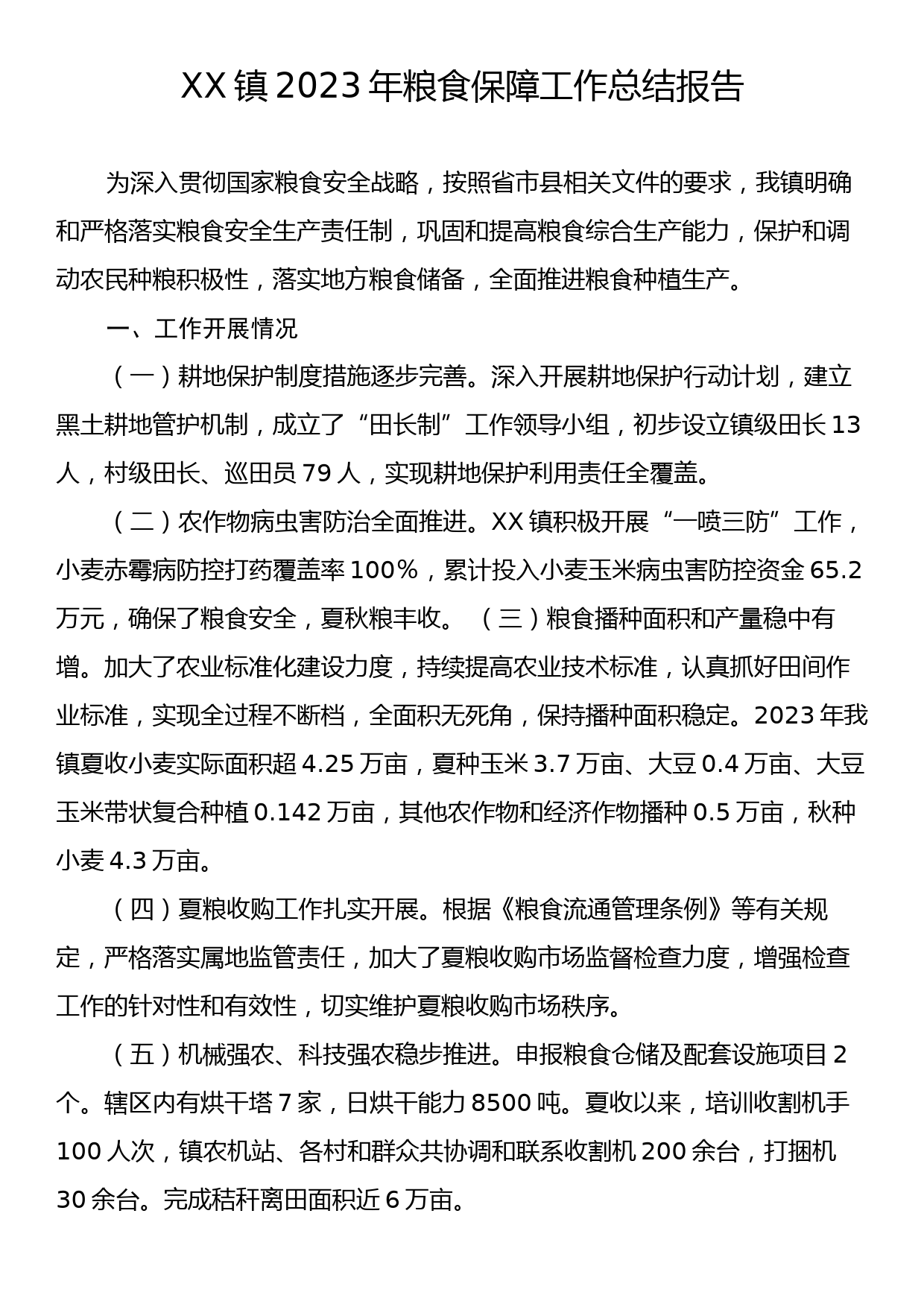 XX镇2023年粮食保障工作总结报告_第1页