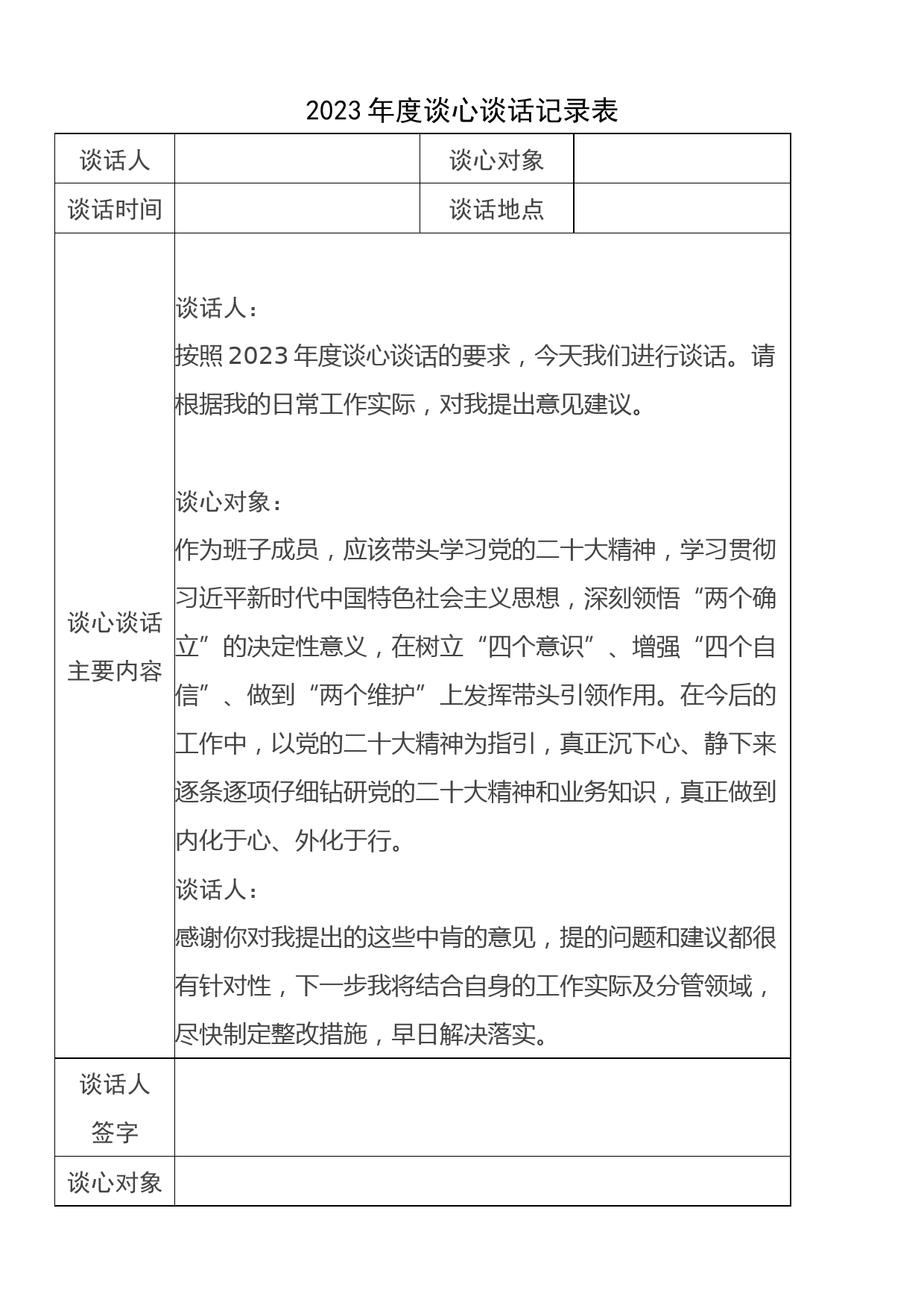 2023年度谈心谈话记录表（12篇）_第2页