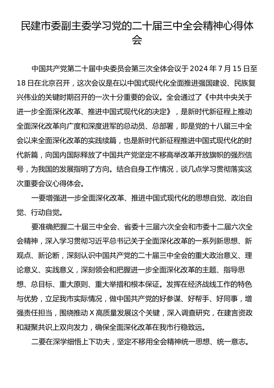 民建市委副主委学习党的二十届三中全会精神心得体会.docx_第1页