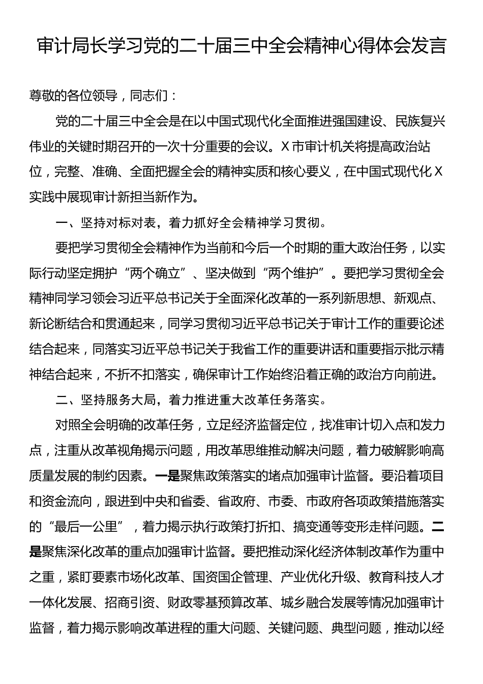 审计局长学习党的二十届三中全会精神心得体会发言.docx_第1页