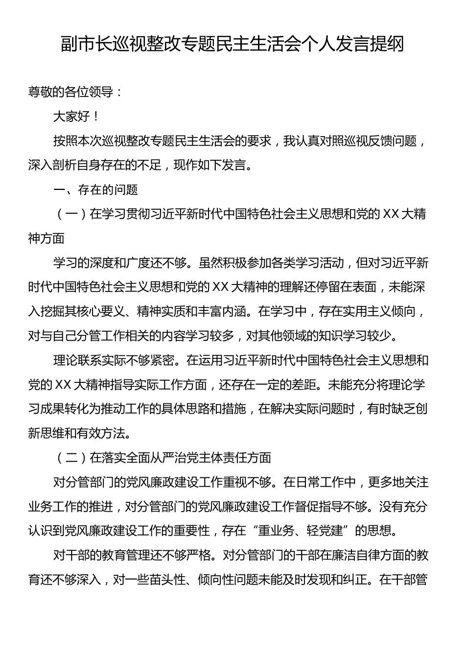 副市长巡视整改专题民主生活会个人发言提纲.docx_第1页