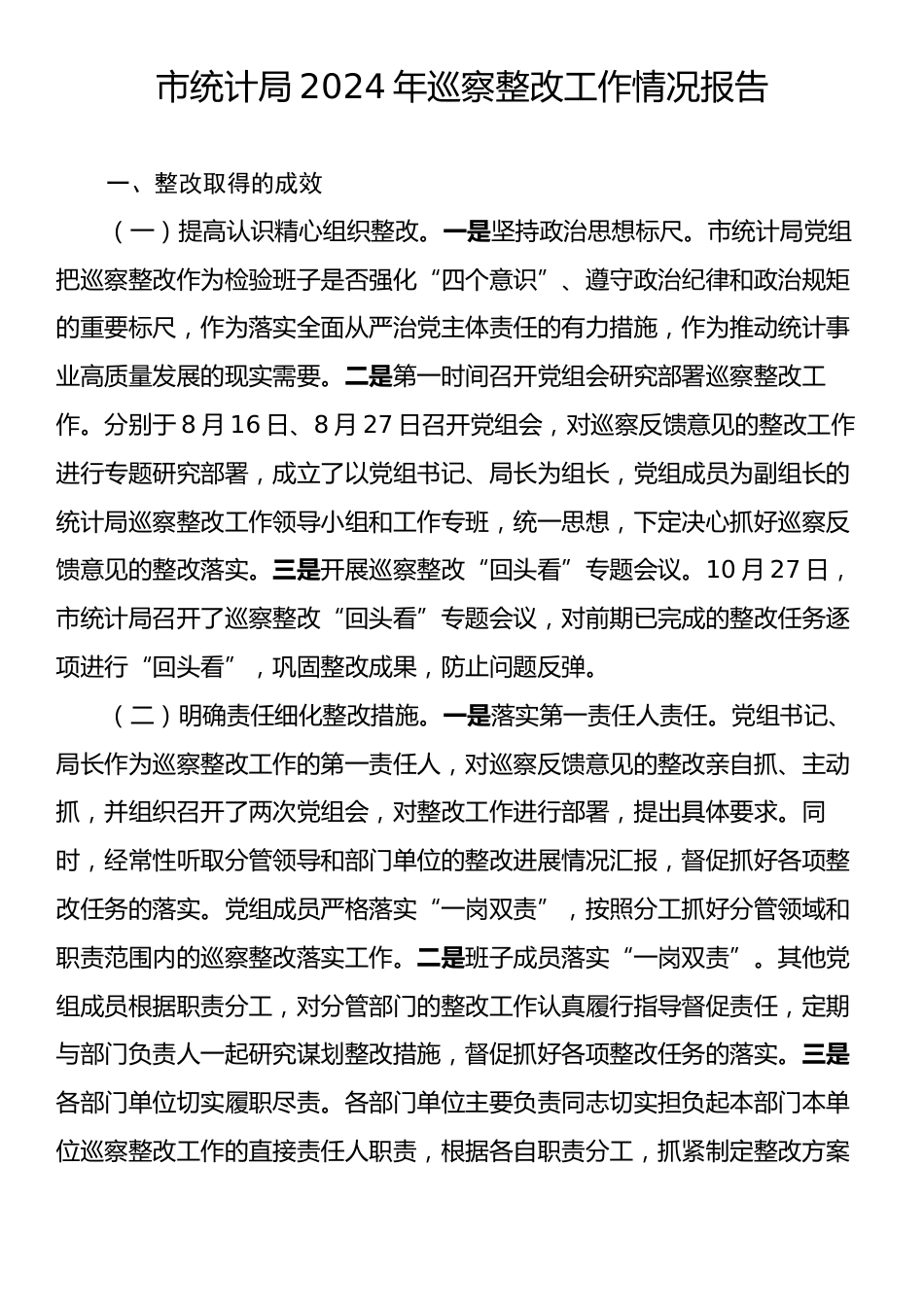 市统计局2024年巡察整改工作情况报告.docx_第1页