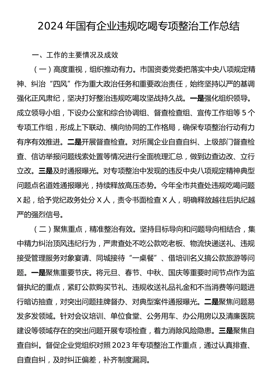 2024年国有企业违规吃喝专项整治工作总结.docx_第1页