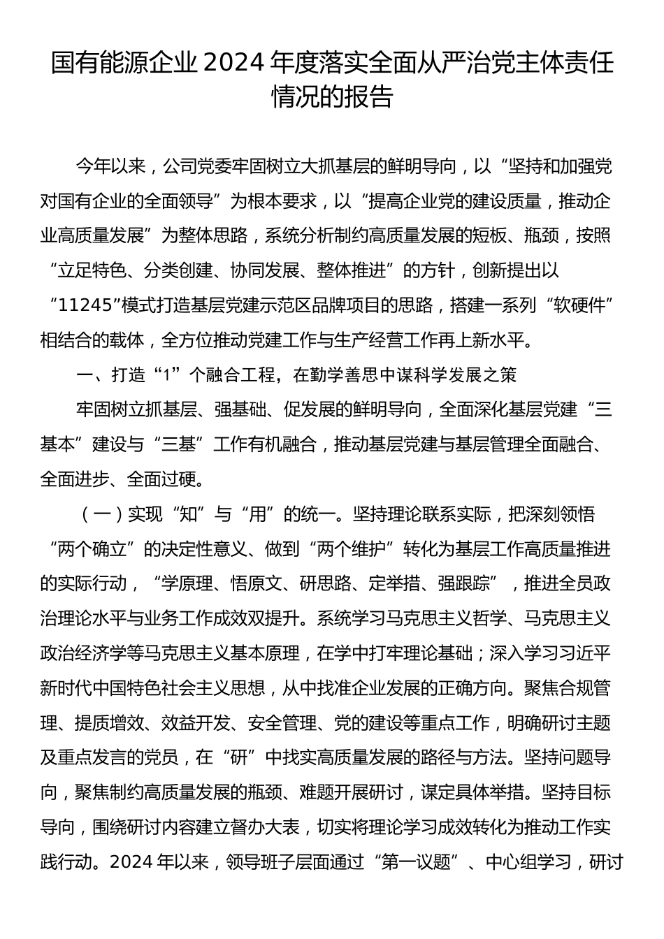 国有能源企业2024年度落实全面从严治党主体责任情况的报告.docx_第1页