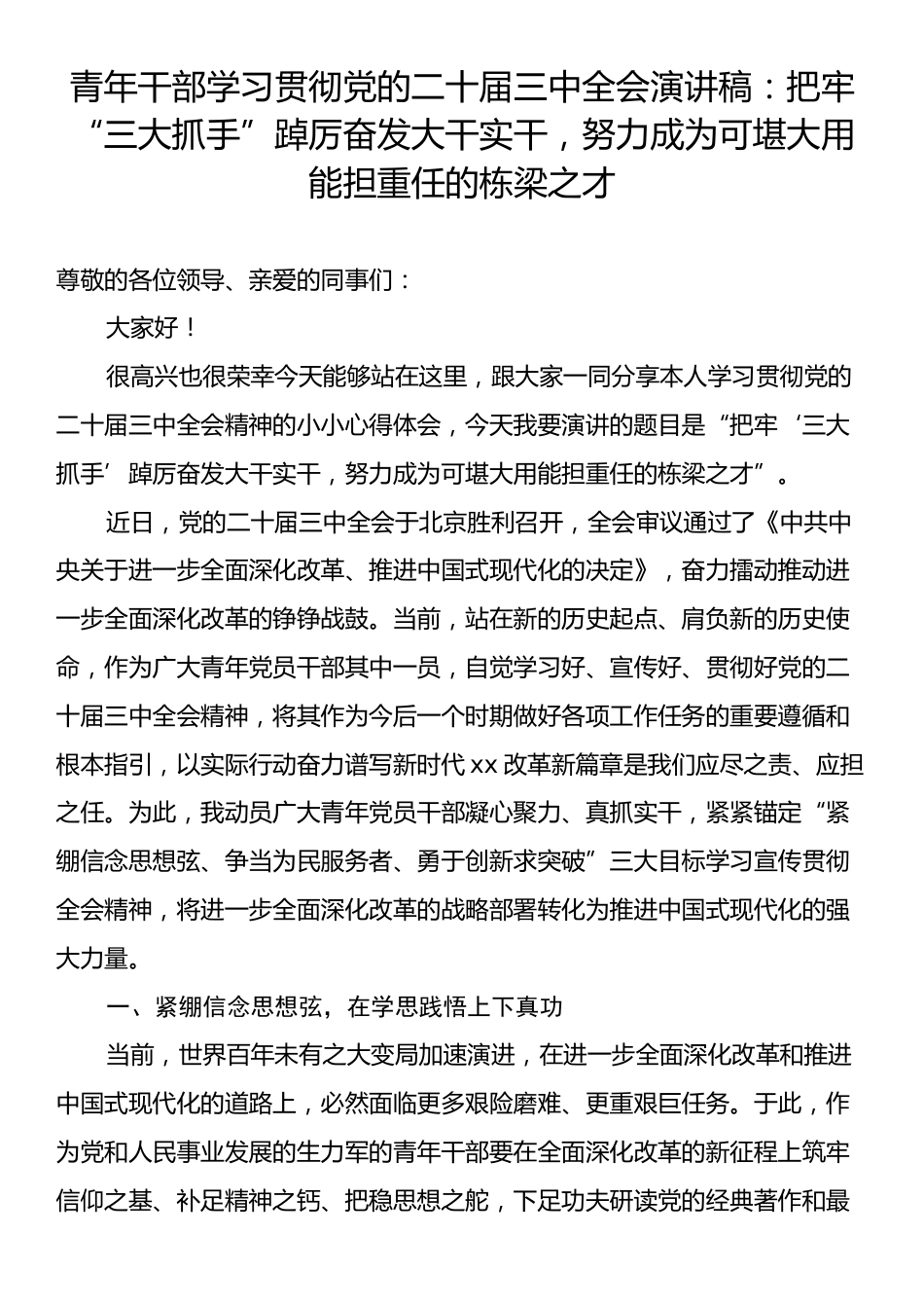 青年干部学习贯彻党的二十届三中全会演讲稿：把牢“三大抓手”踔厉奋发大干实干，努力成为可堪大用能担重任的栋梁之才.docx_第1页