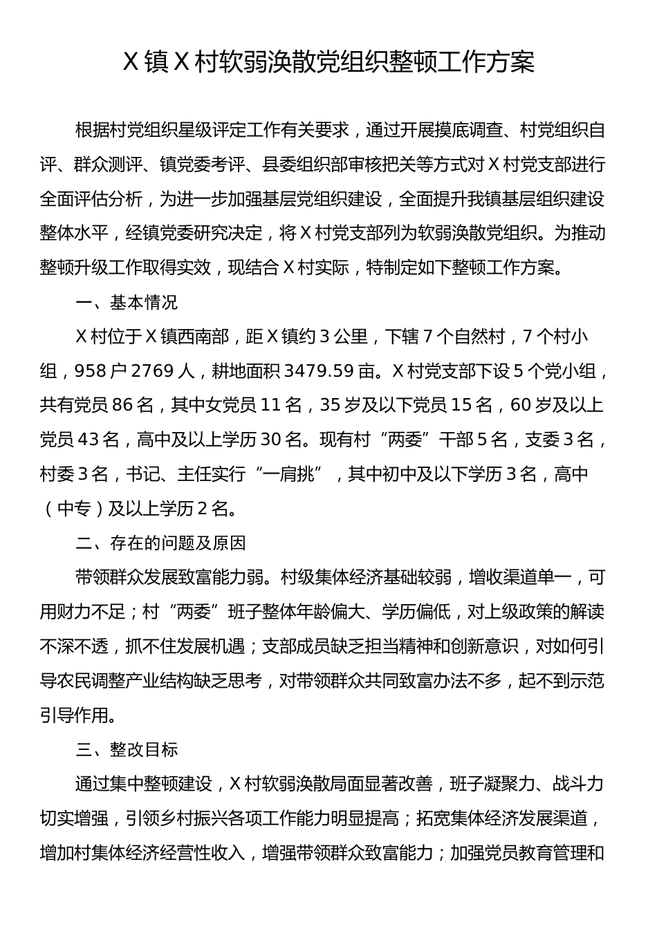 X镇X村软弱涣散党组织整顿工作方案.docx_第1页