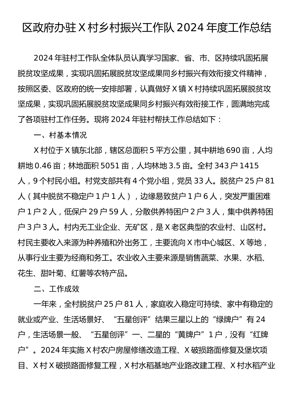 区政府办驻X村乡村振兴工作队2024年度工作总结.docx_第1页