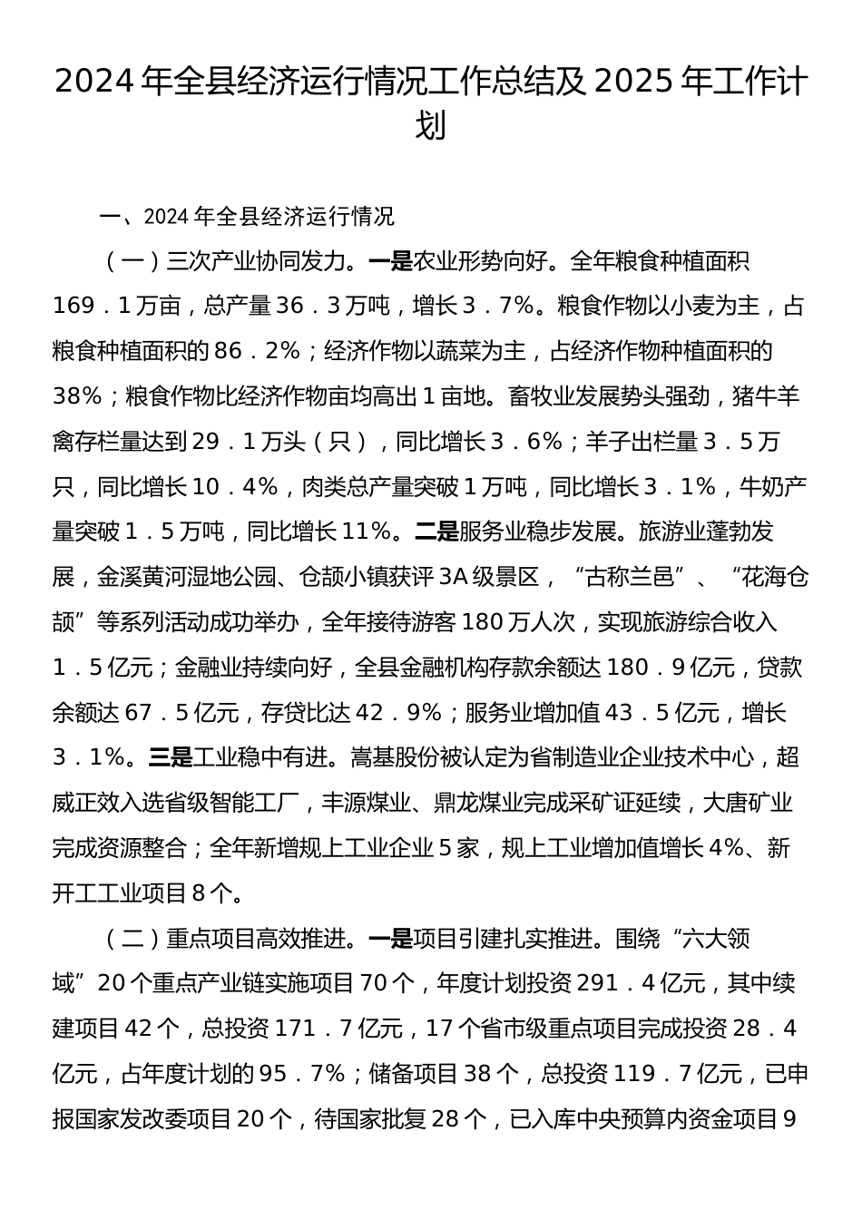 2024年全县经济运行情况工作总结及2025年工作计划.docx_第1页