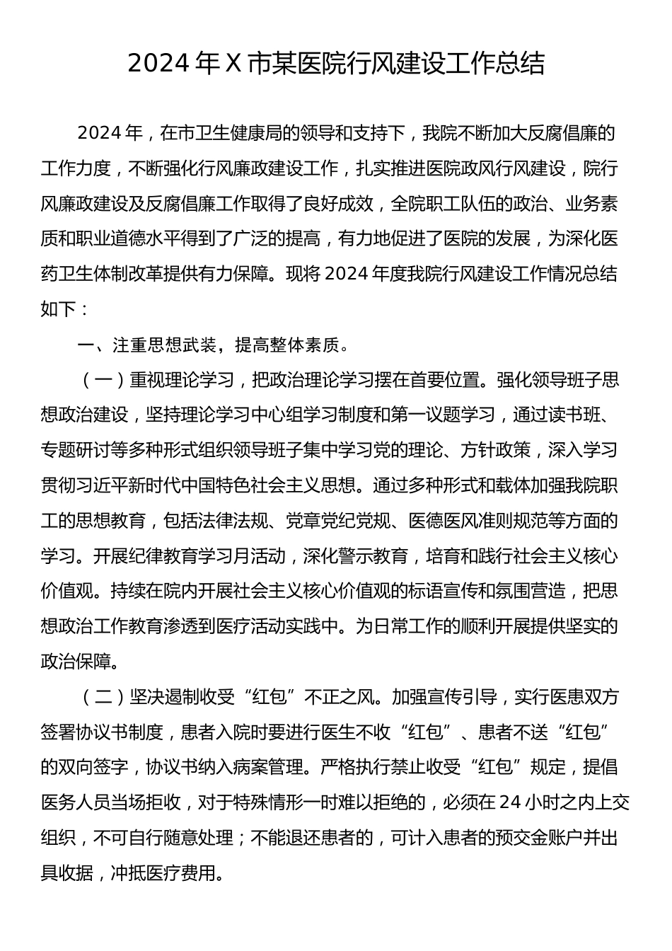 2024年X市某医院行风建设工作总结.docx_第1页