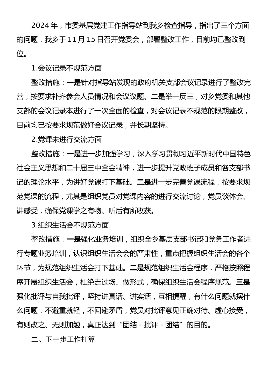 xx乡镇2024年度基层党建工作整改报告.docx_第2页