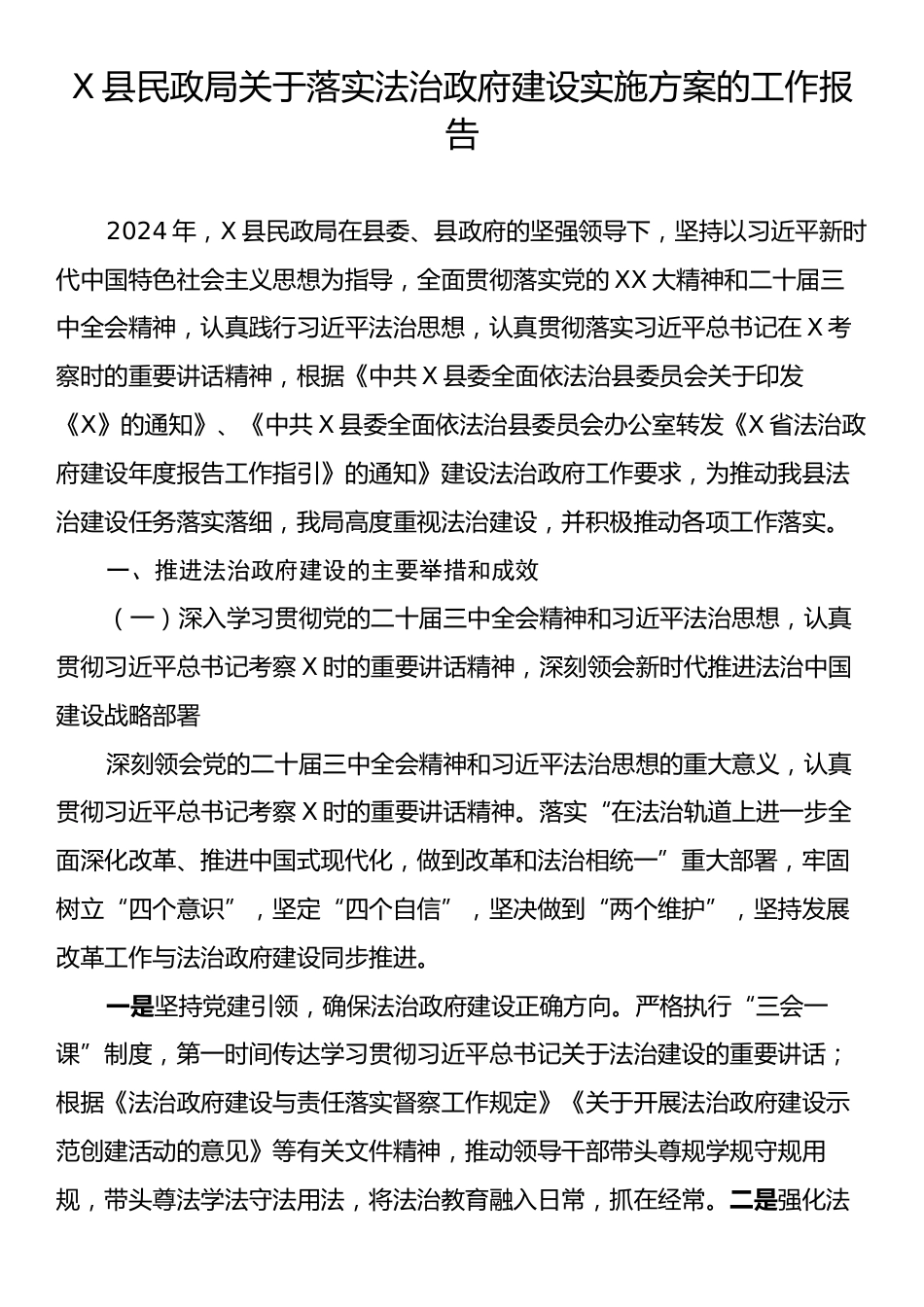 X县民政局关于落实法治政府建设实施方案的工作报告.docx_第1页