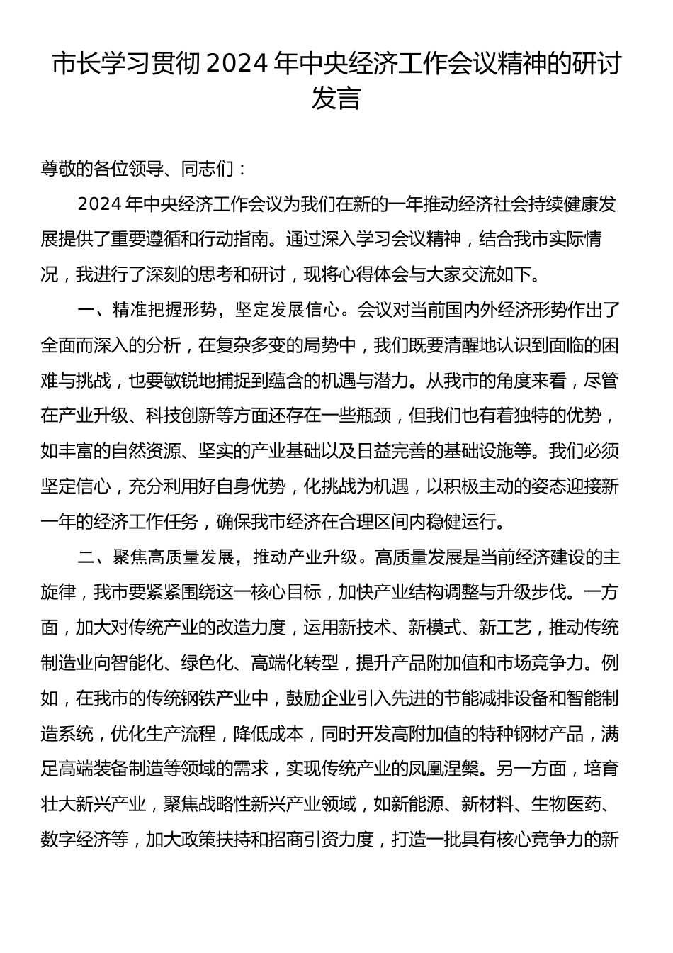 市长学习贯彻2024年中央经济工作会议精神的研讨发言.docx_第1页