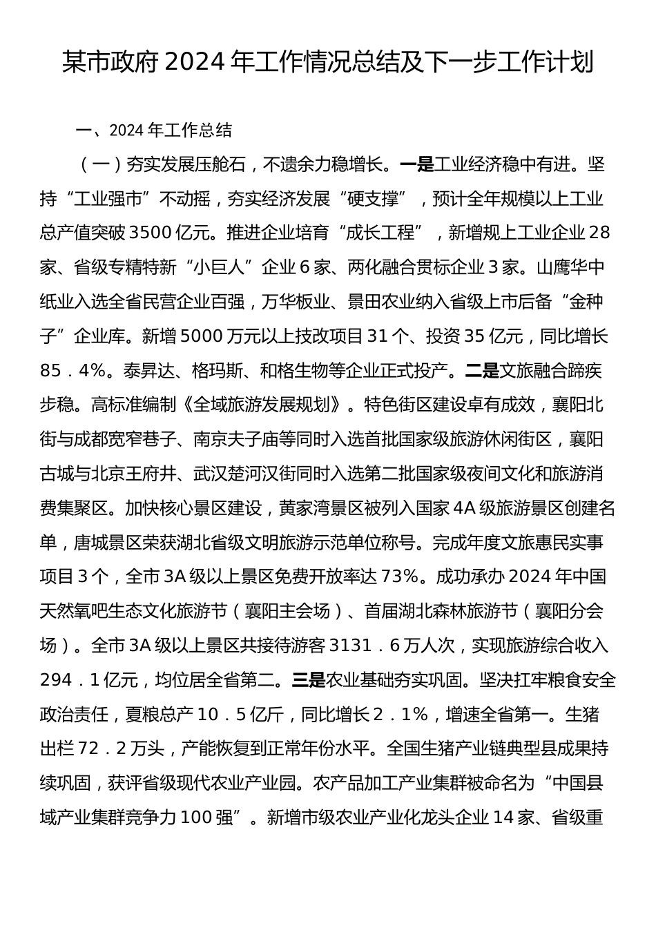 某市政府2024年工作情况总结及下一步工作计划.docx_第1页