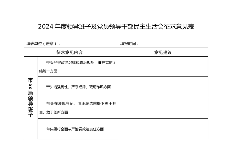 2024年度领导班子及党员领导干部民主生活会征求意见表.docx_第1页