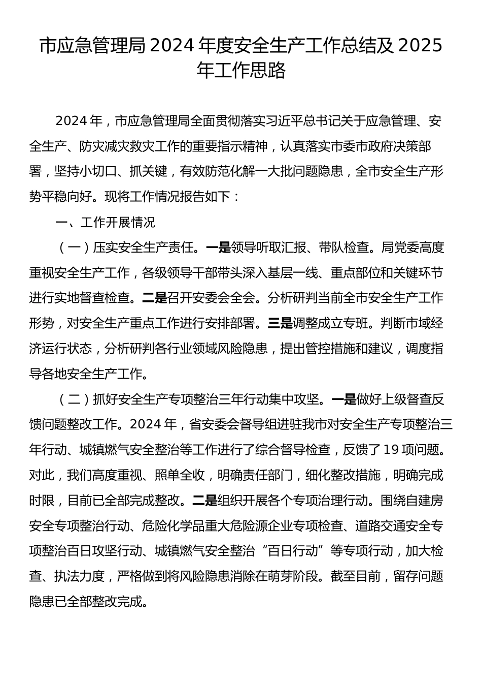 市应急管理局2024年度安全生产工作总结及2025年工作思路.docx_第1页