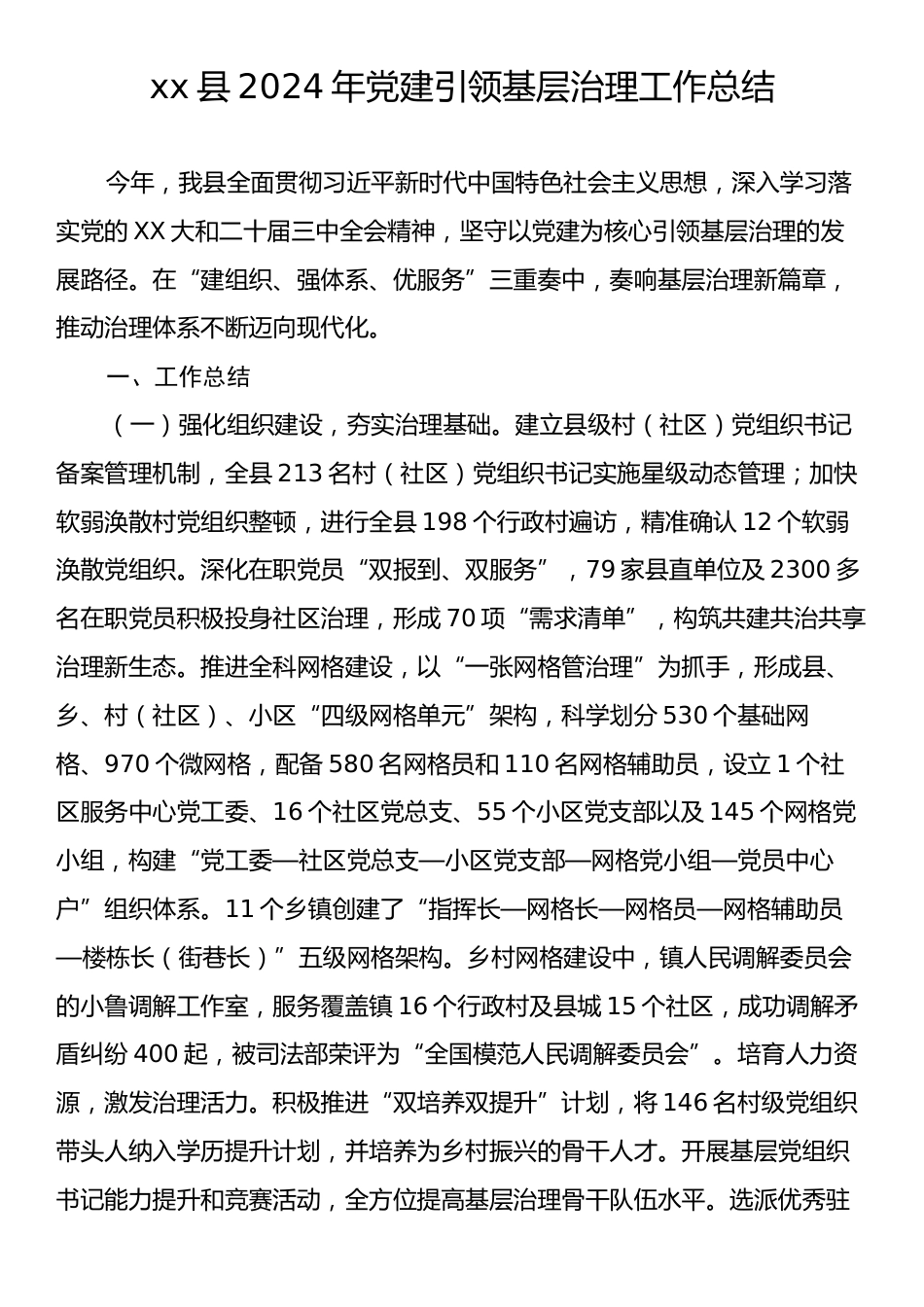 xx县2024年党建引领基层治理工作总结.docx_第1页