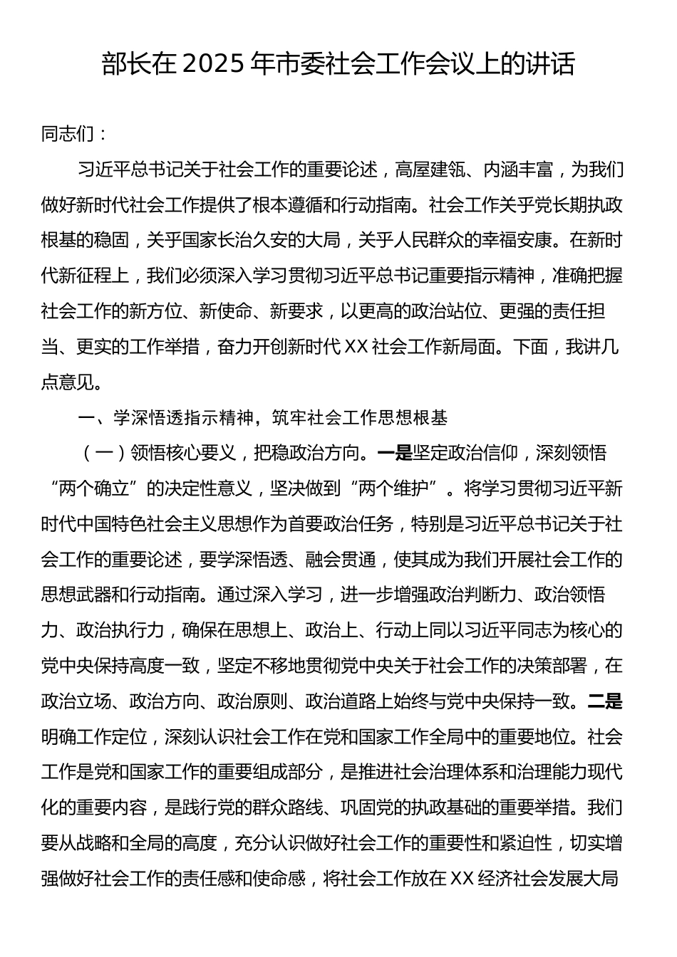 部长在2025年市委社会工作会议上的讲话.docx_第1页