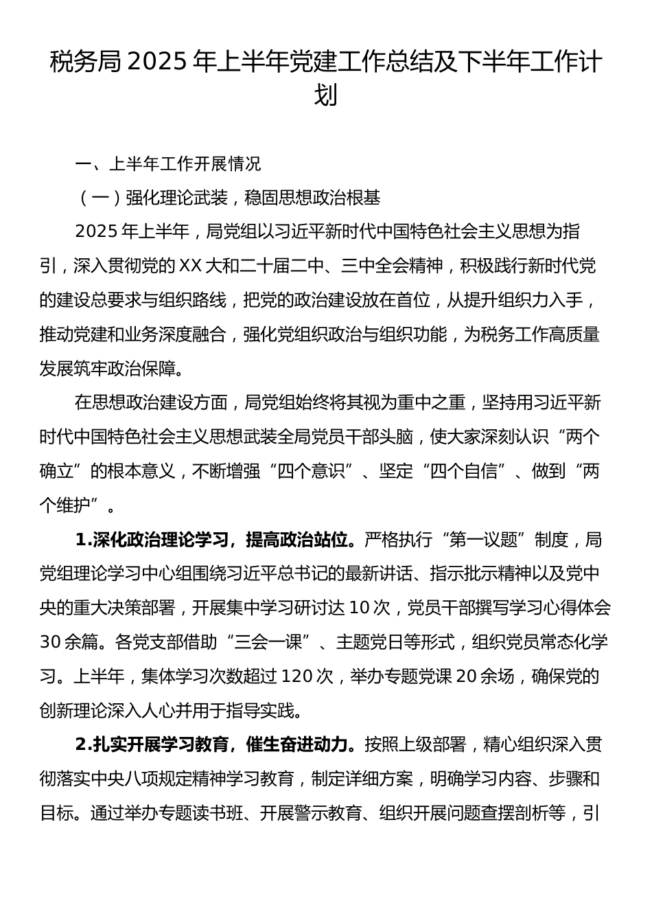 税务局2025年上半年党建工作总结及下半年工作计划.docx_第1页