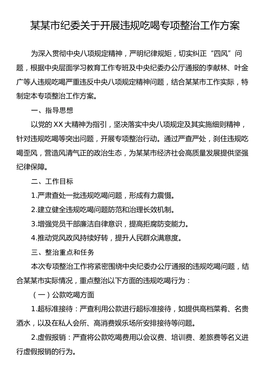 某某市纪委关于开展违规吃喝专项整治工作方案.docx_第1页