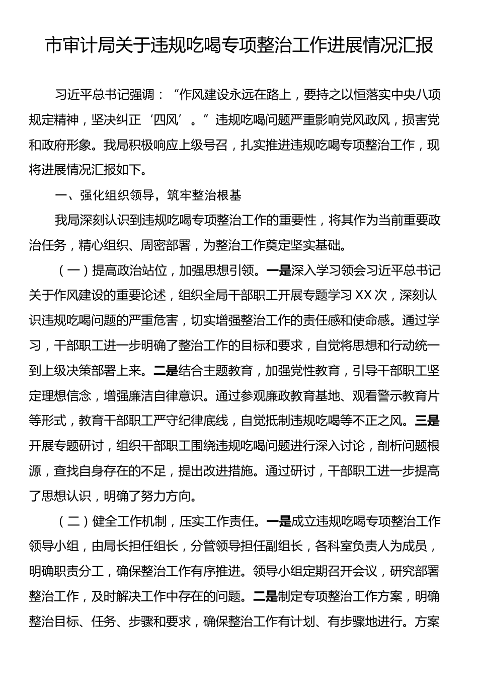市审计局关于违规吃喝专项整治工作进展情况汇报.docx_第1页