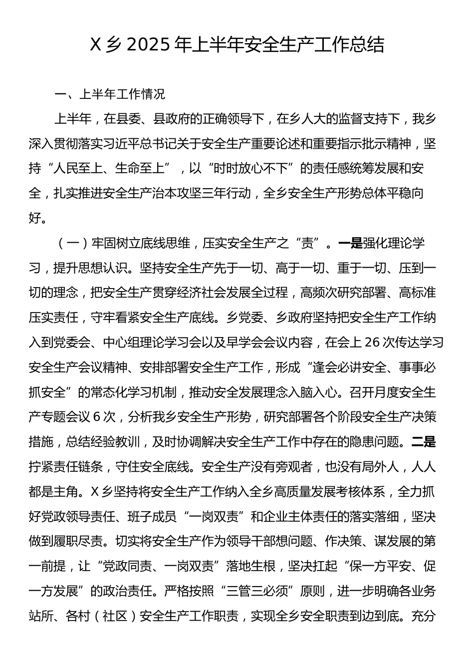 X乡2025年上半年安全生产工作总结.docx_第1页