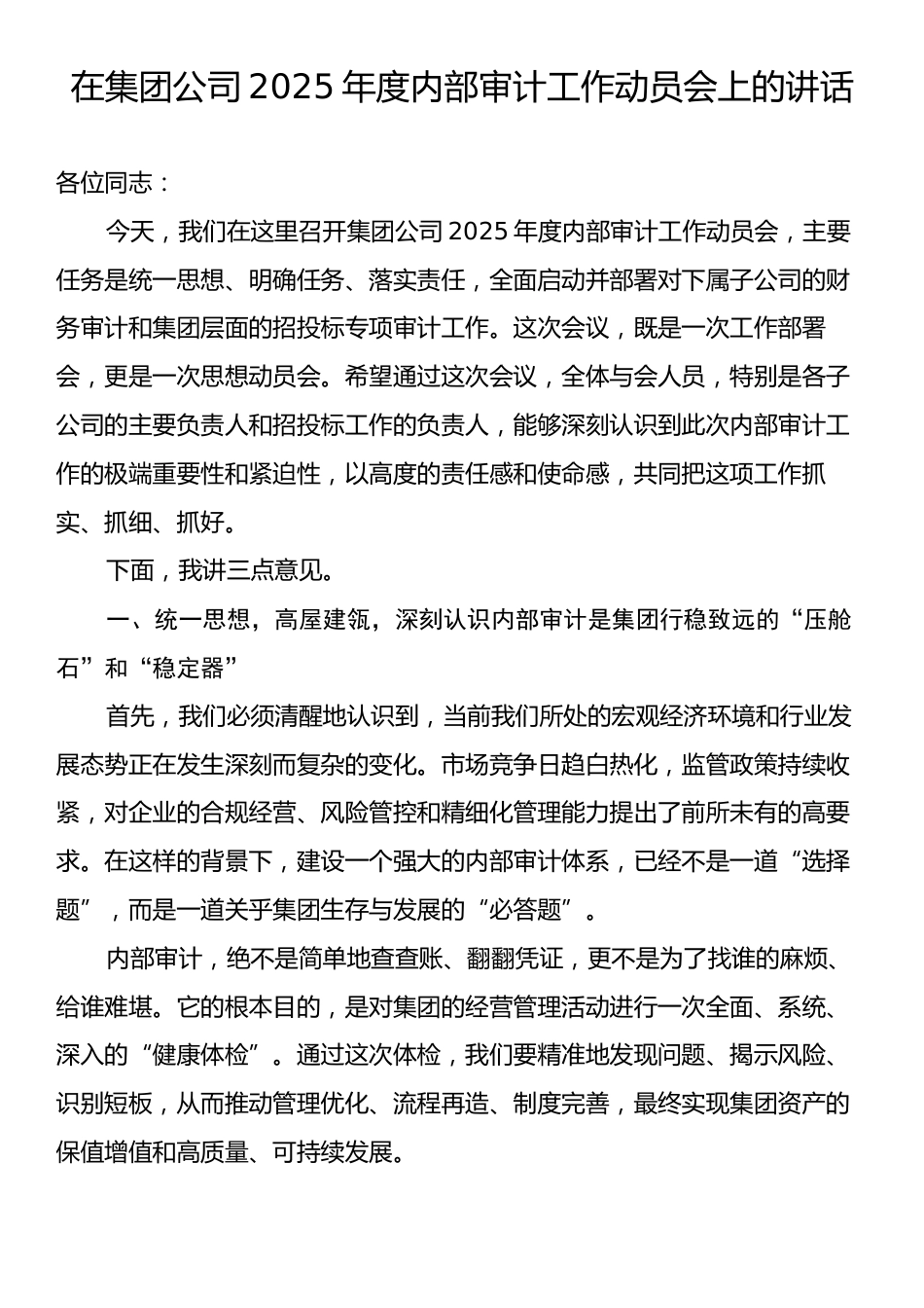 在集团公司2025年度内部审计工作动员会上的讲话.docx_第1页