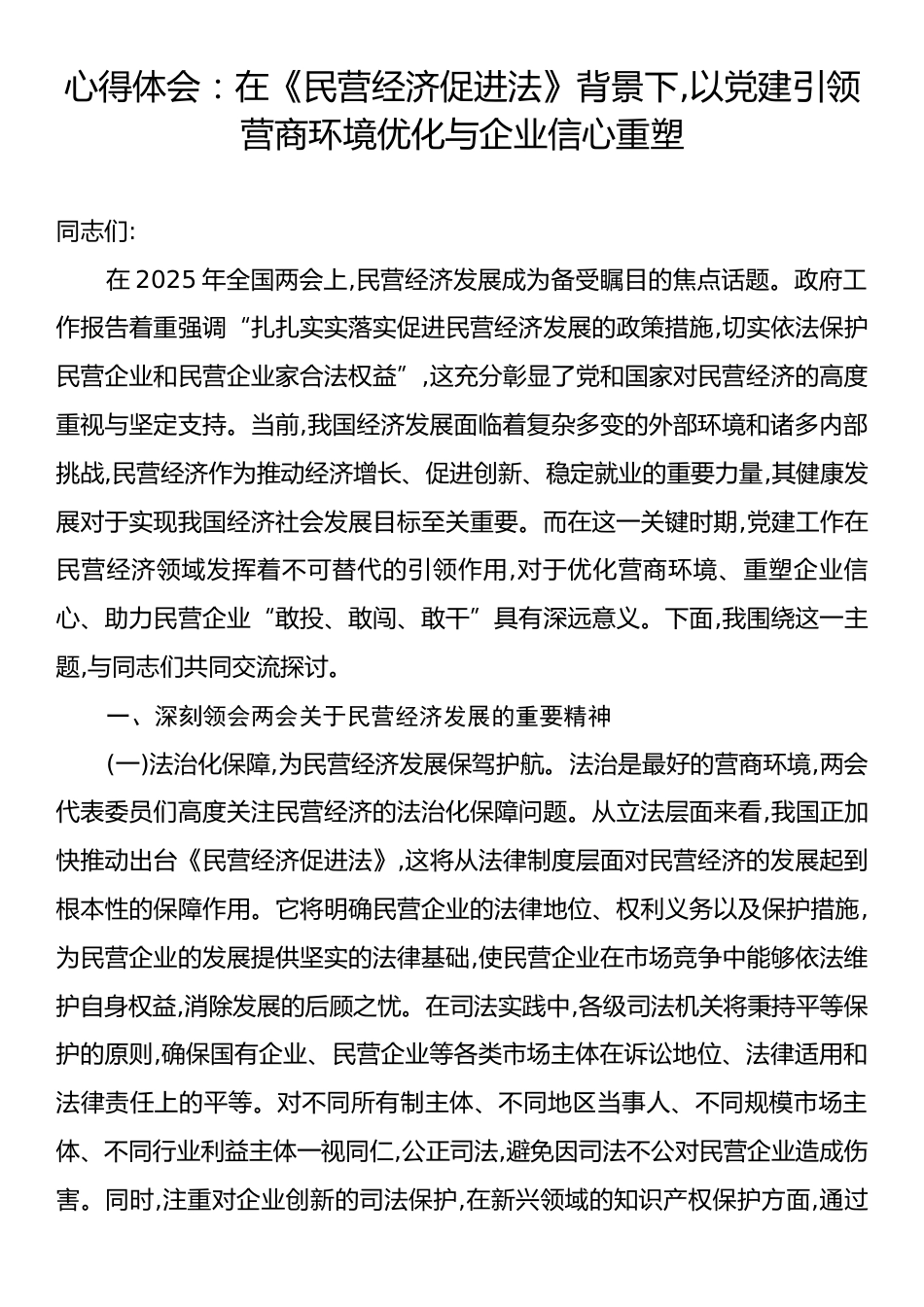 心得体会：在《民营经济促进法》背景下,以党建引领营商环境优化与企业信心重塑.docx_第1页