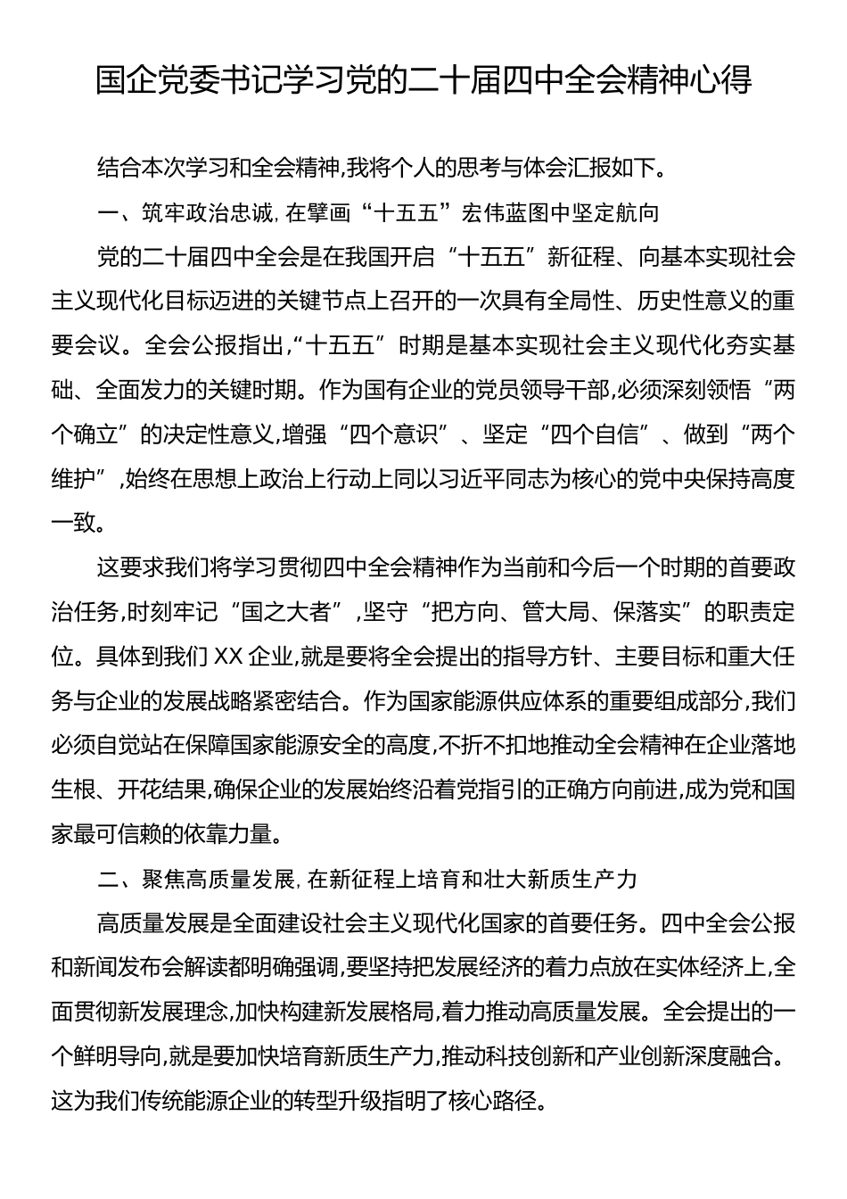 国企党委书记学习党的二十届四中全会精神心得.docx_第1页