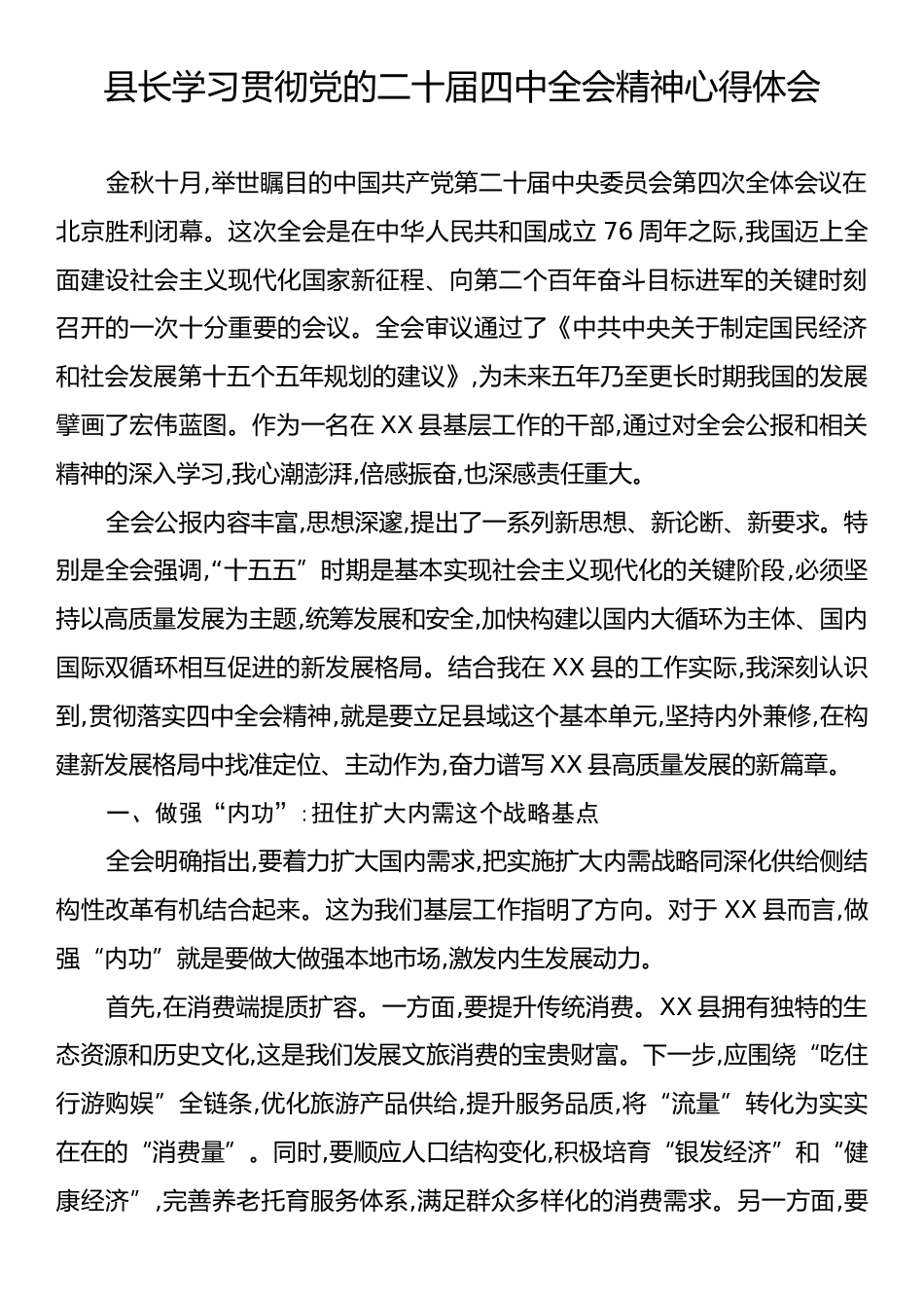 县长学习贯彻党的二十届四中全会精神心得体会.docx_第1页