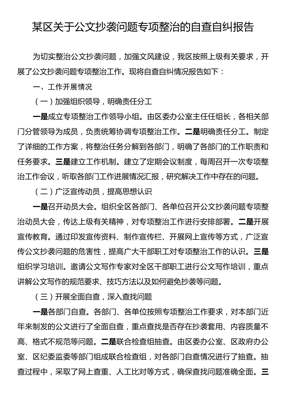 某区关于公文抄袭问题专项整治的自查自纠报告.docx_第1页