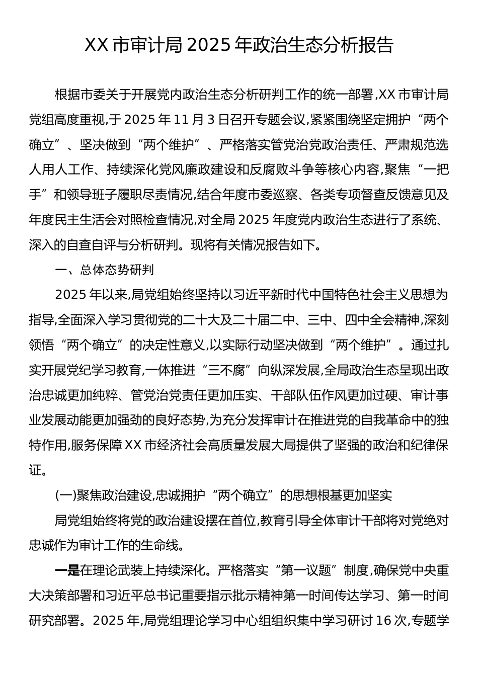 XX市审计局2025年政治生态分析报告.docx_第1页